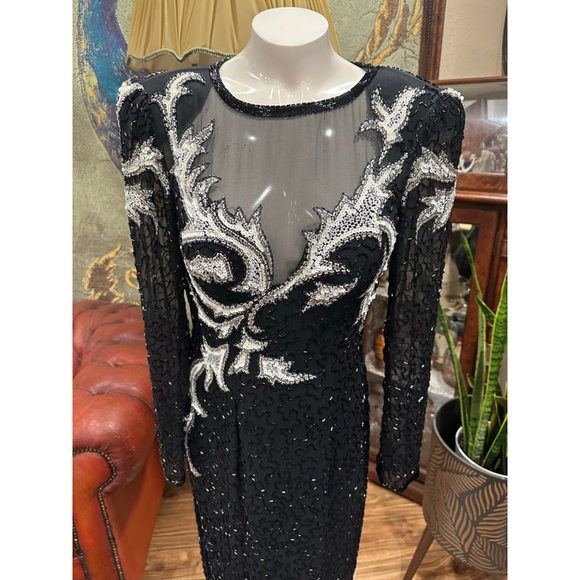 A.J. Bari Vintage 100% Silk Beaded Sequin Gown 80s 90s Asymmetric M - Picture 4 of 16